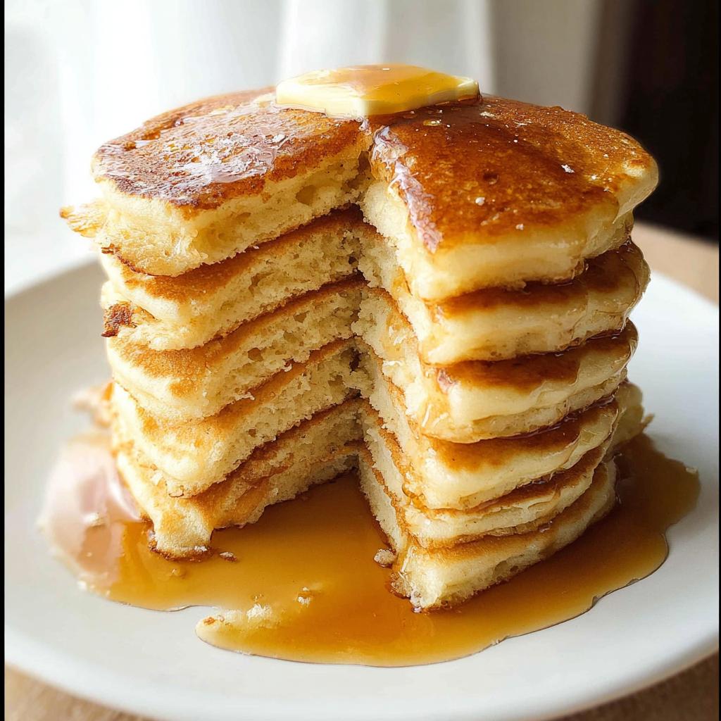 A tall stack of fluffy pancakes from scratch, cut open to show the texture, topped with butter and dripping with syrup.
