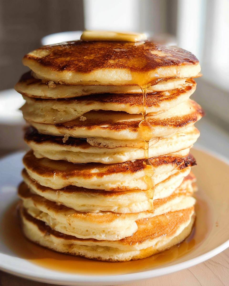 A tall stack of fluffy pancakes from scratch topped with melting butter and drizzled with syrup.