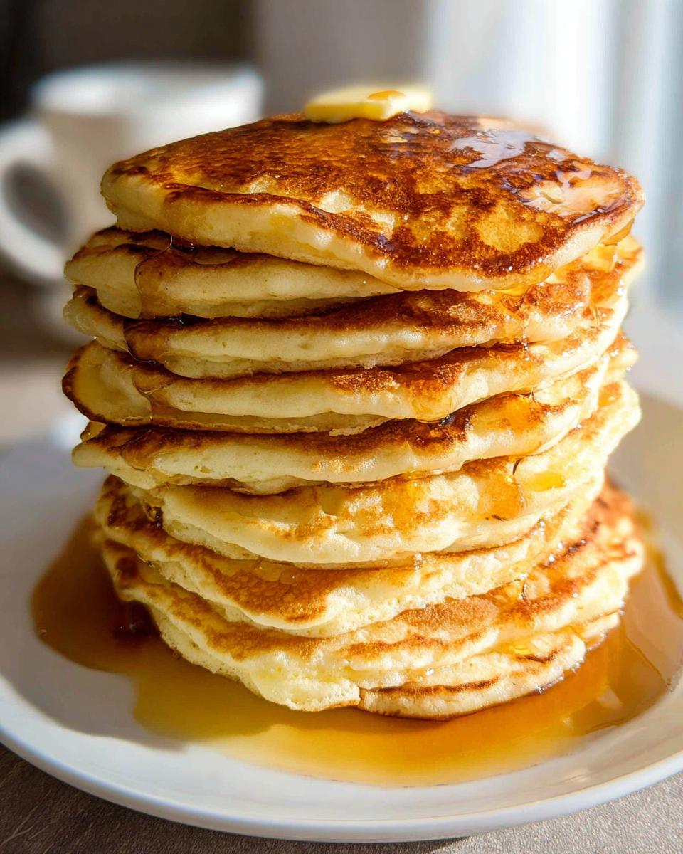 A tall stack of fluffy pancakes from scratch drizzled with maple syrup and topped with melting butter.