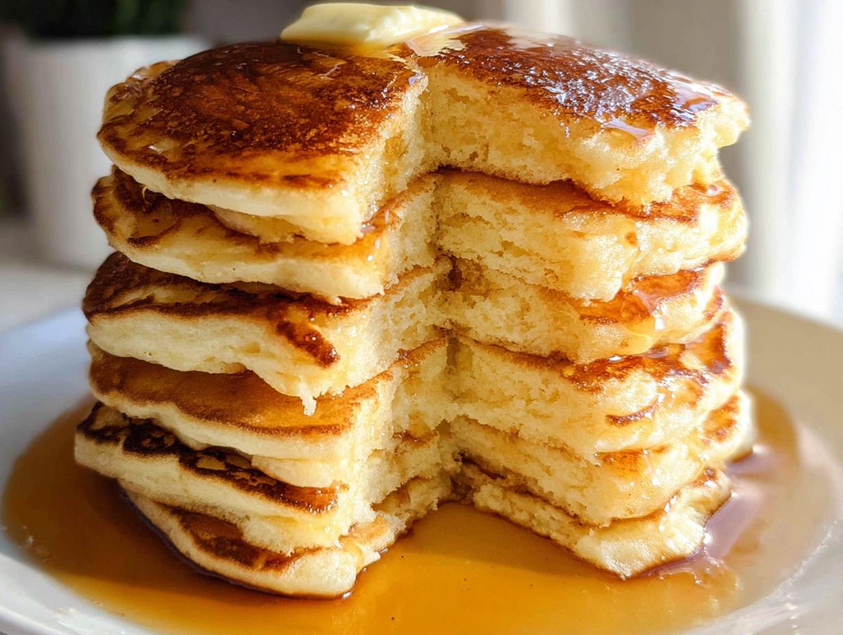 A tall stack of fluffy pancakes, cut open to show the texture, drizzled with syrup and topped with butter.