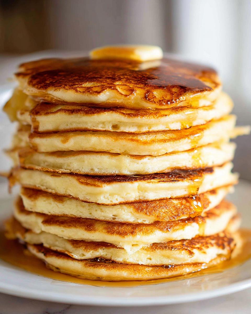 A tall stack of fluffy pancakes from scratch drizzled with maple syrup and topped with melting butter.