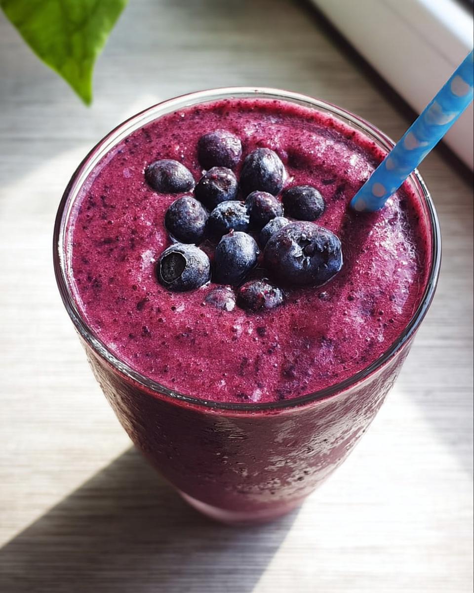 Close-up of a thick, vibrant purple Blueberry Smoothie Detox topped with fresh blueberries and a blue straw.