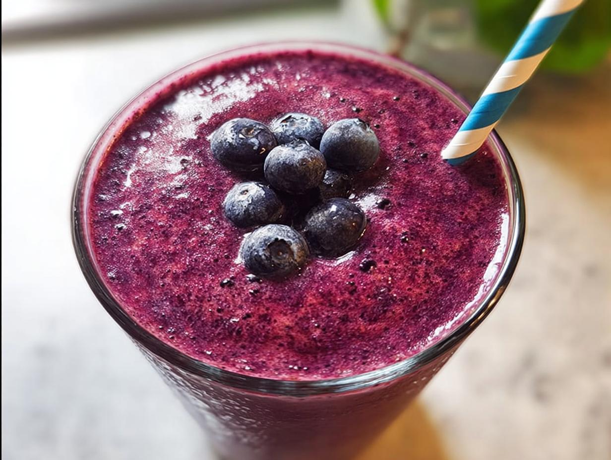 A vibrant, thick Blueberry Smoothie Detox topped with fresh blueberries and a blue-striped straw.