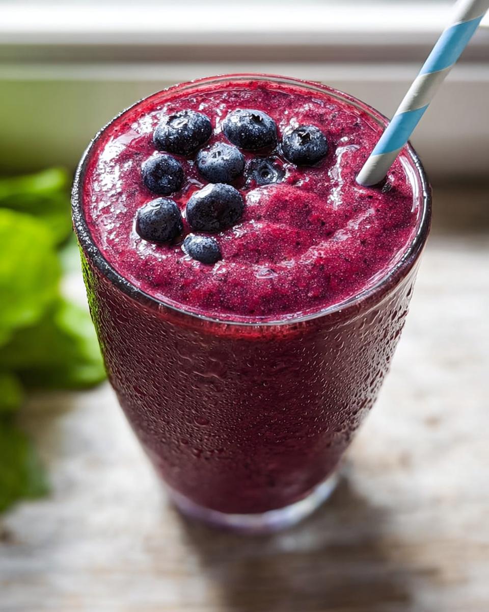 Close-up of a vibrant, frosty Blueberry Smoothie Detox topped with fresh blueberries and a striped straw.