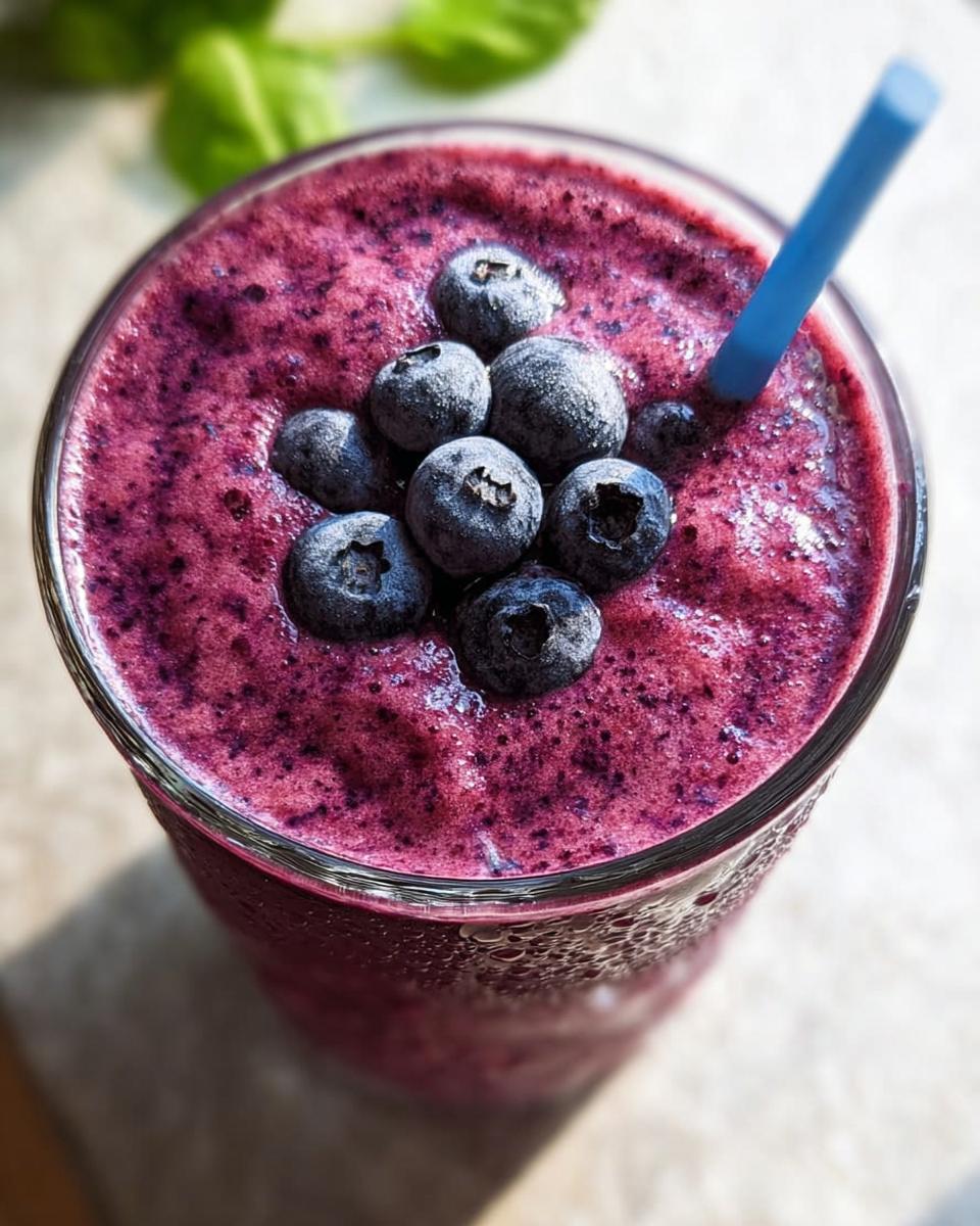 Overhead view of a thick, vibrant purple Blueberry Smoothie Detox topped with whole blueberries and a blue straw.