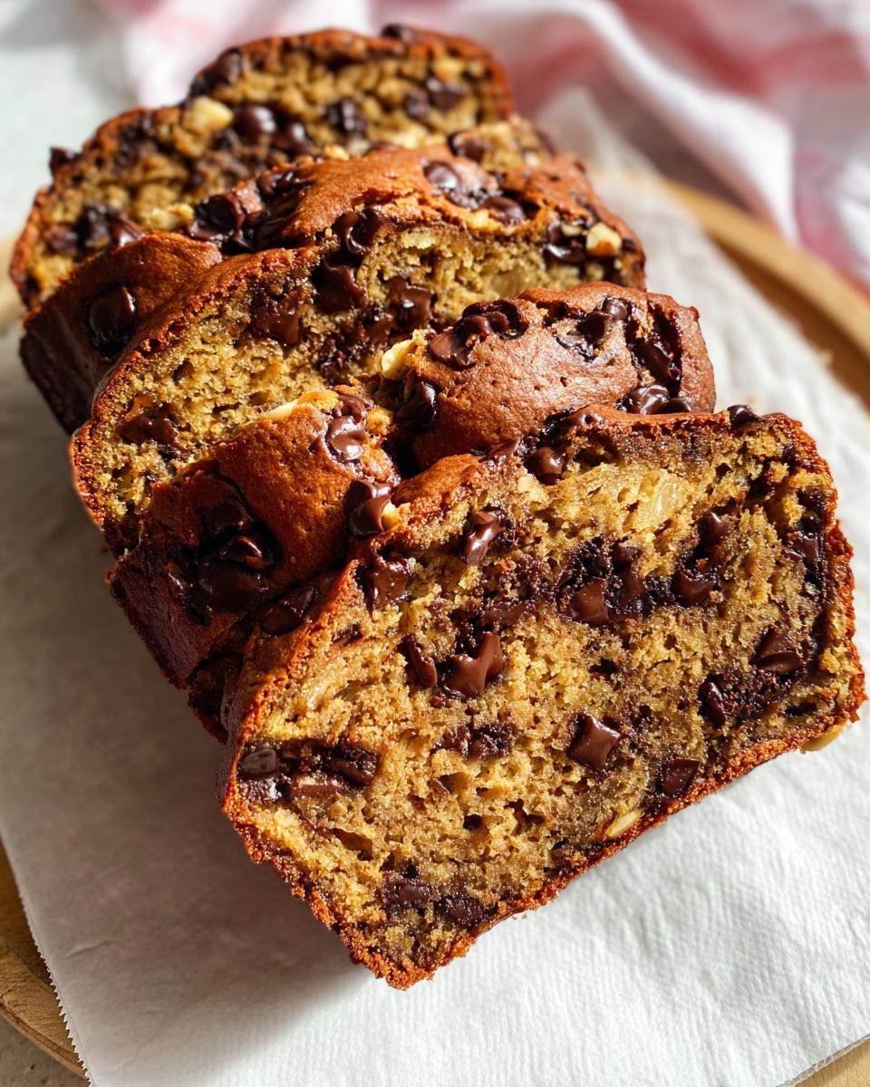Four thick slices of moist Brown Butter Banana Bread loaded with melted chocolate chips.