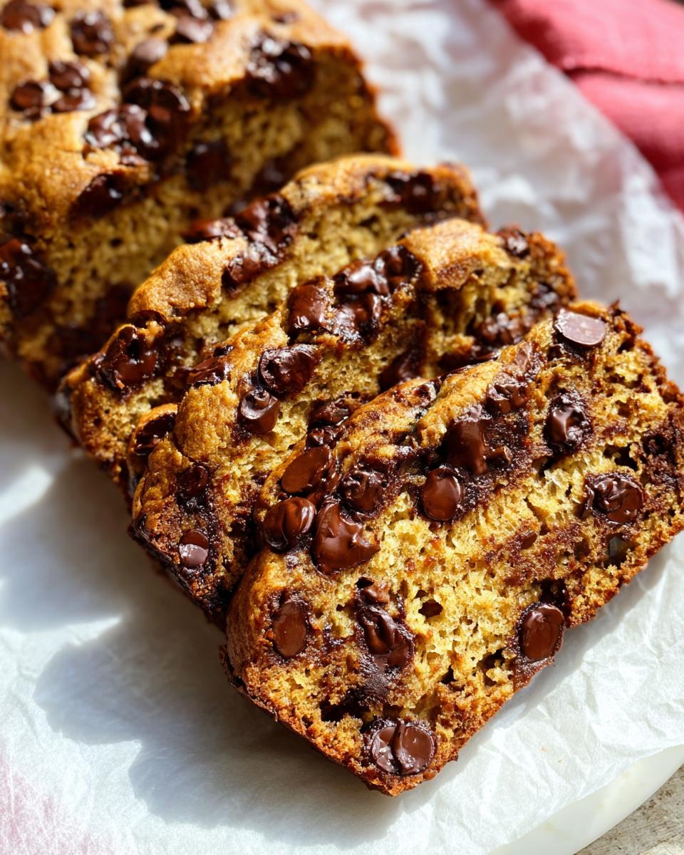 Slices of moist Brown Butter Banana Bread loaded with melted chocolate chips, resting on parchment paper.