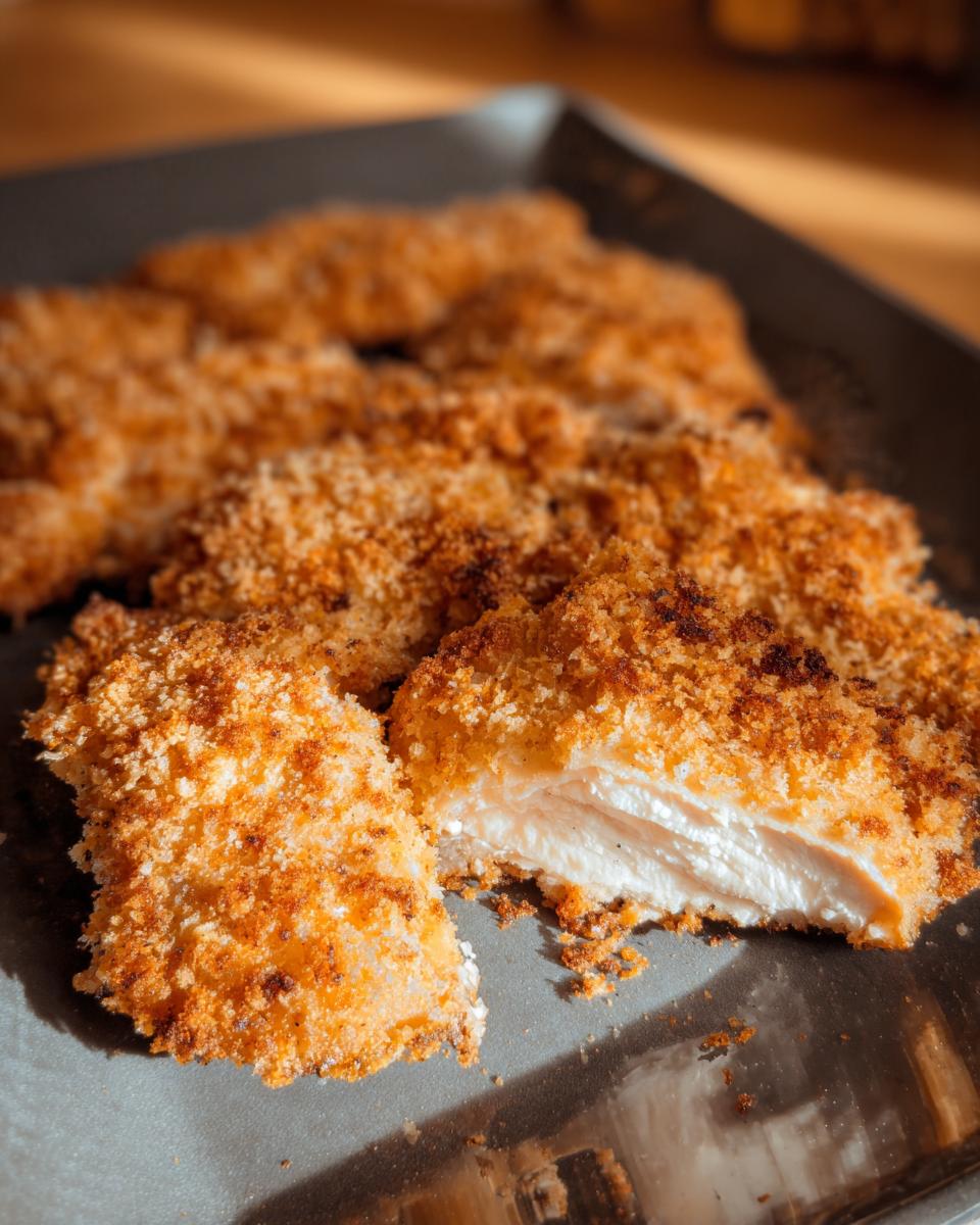 Close-up of golden, crispy Buttermilk Baked Fried Chicken, showing the juicy white meat inside one cut piece.