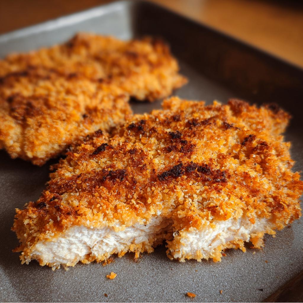 Close-up of a golden, crispy piece of Buttermilk Baked Fried Chicken showing the white interior meat.