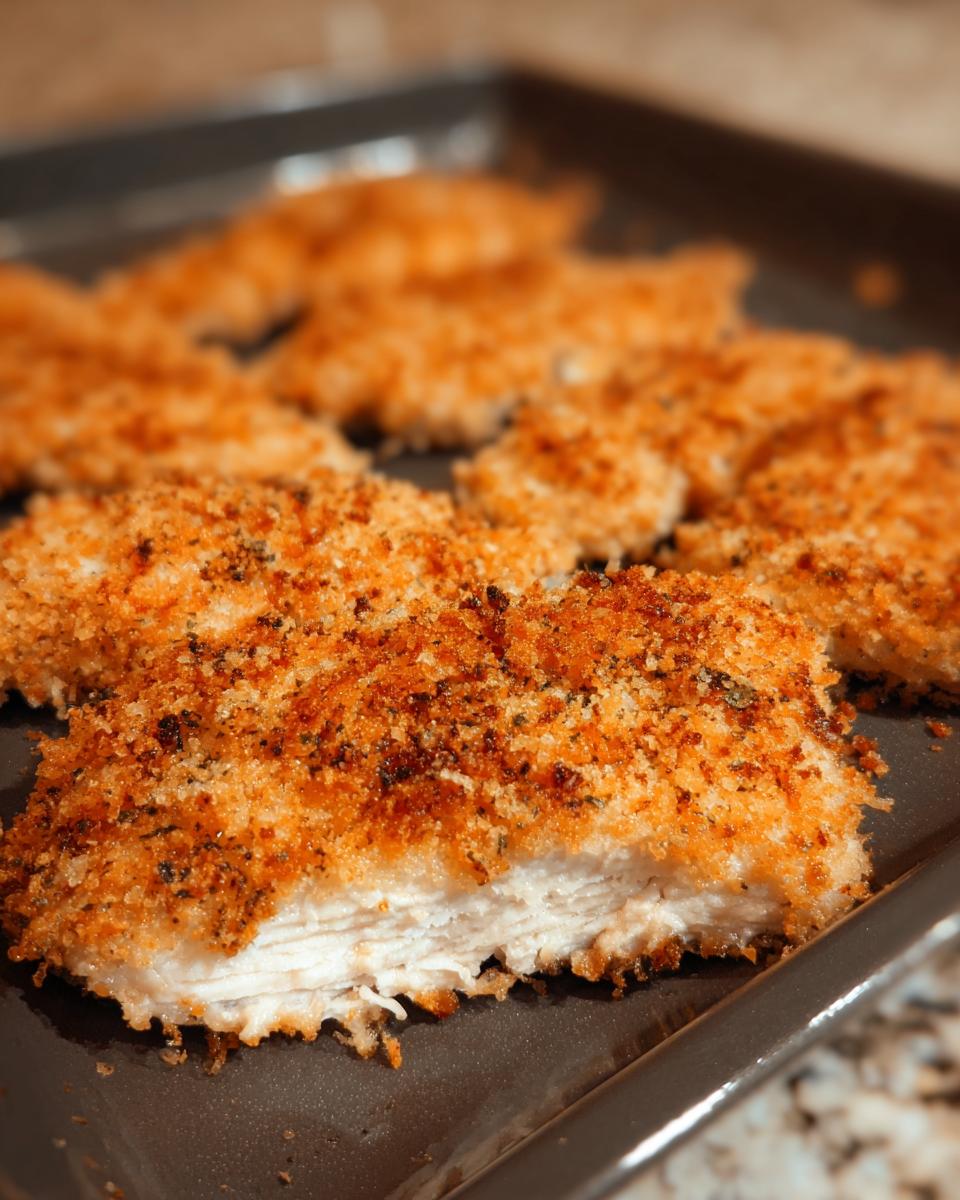 Close-up of a piece of Buttermilk Baked Fried Chicken, showing the crispy golden exterior and juicy white meat interior.
