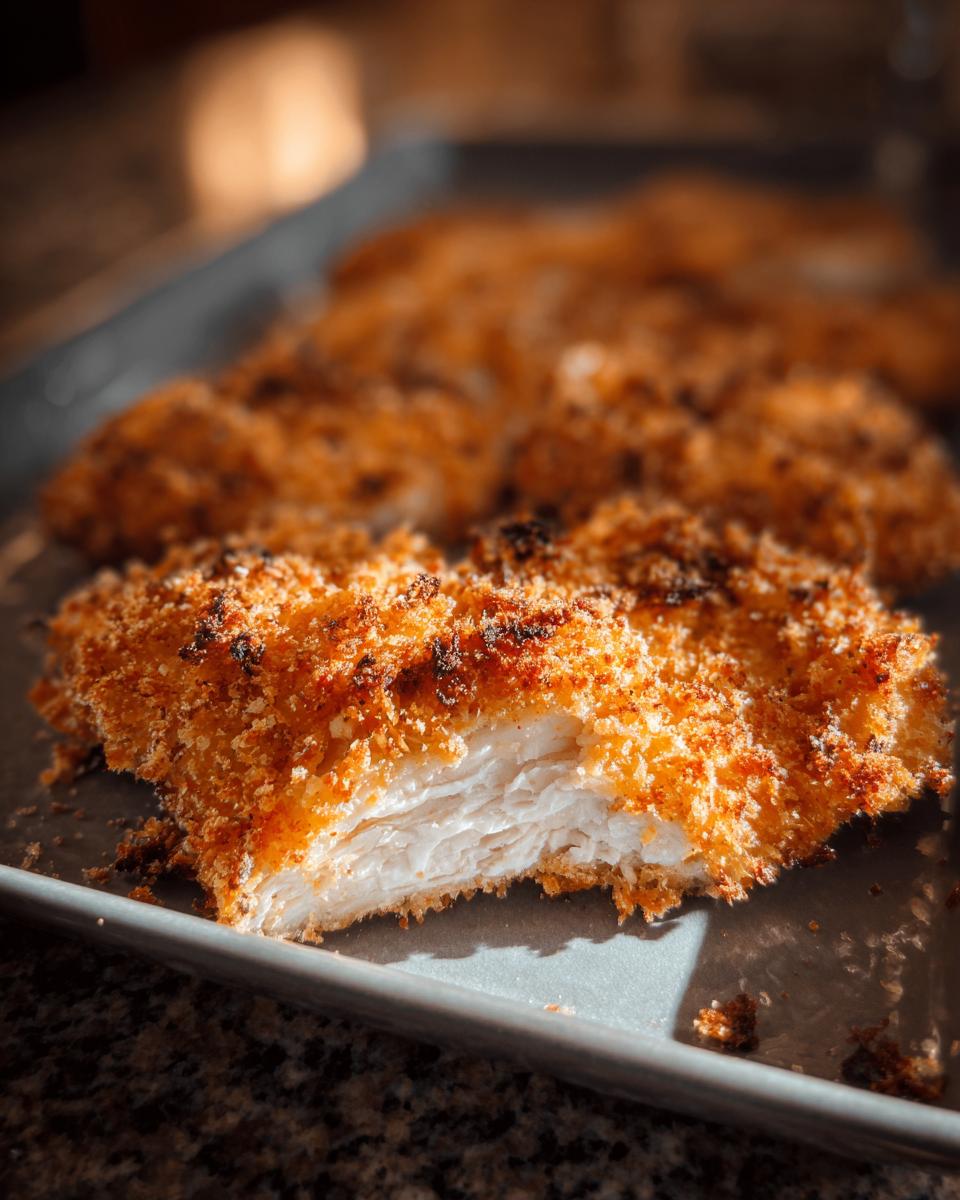 Close-up of Buttermilk Baked Fried Chicken showing a crispy, golden crust and juicy white meat inside.