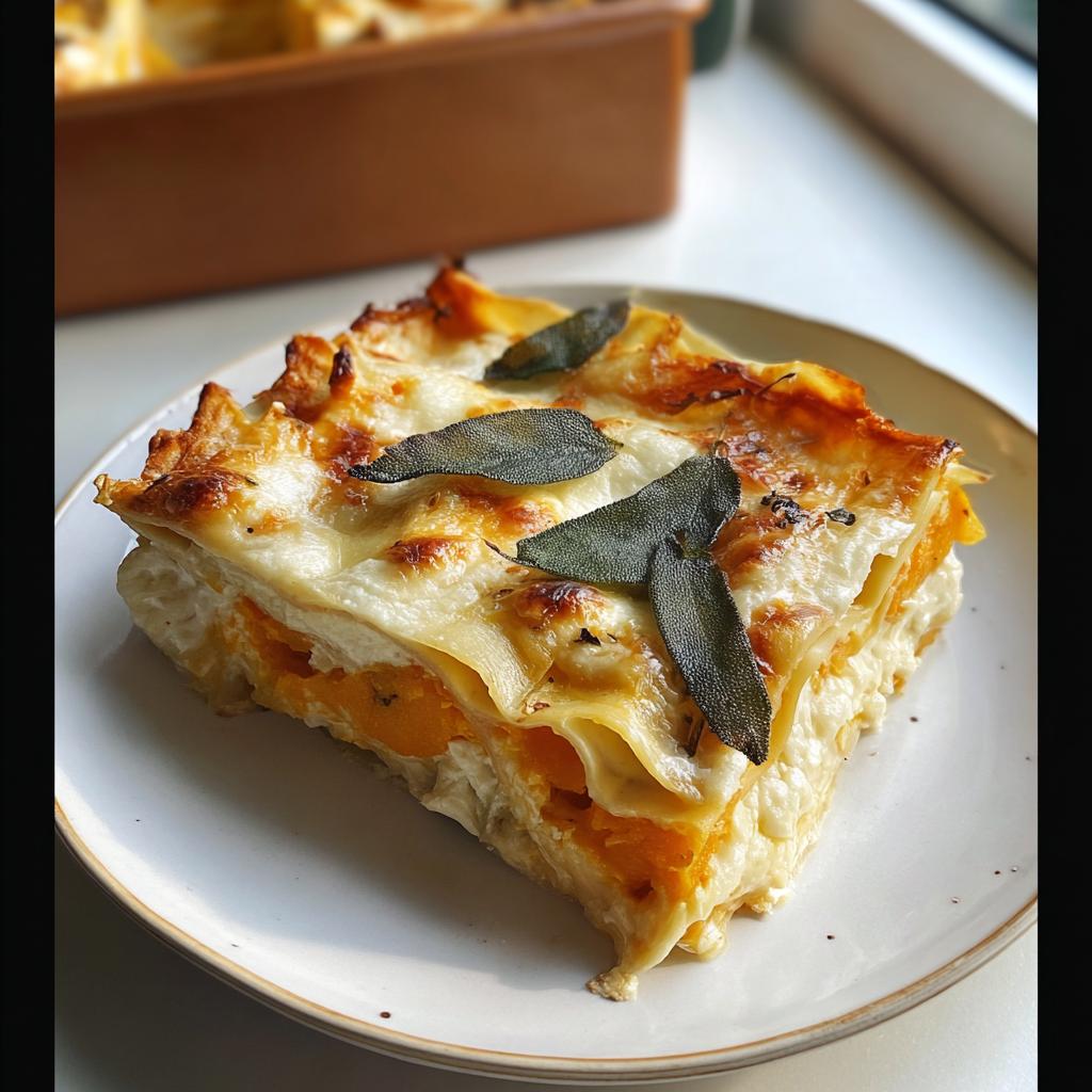 A golden-brown slice of Butternut Squash and Sage Lasagna topped with crispy sage leaves on a white plate.