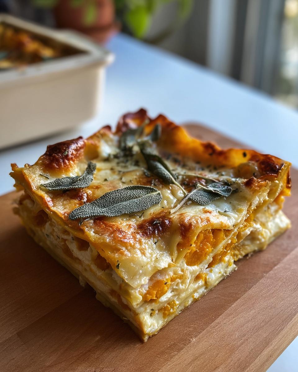 A close-up of a layered slice of Butternut Squash and Sage Lasagna topped with crispy sage leaves.