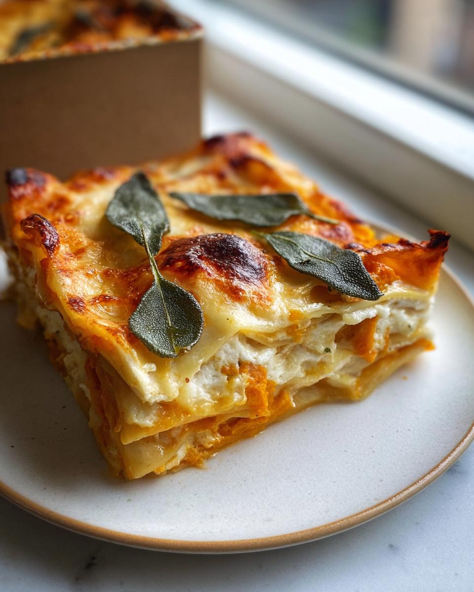 A perfect slice of Butternut Squash and Sage Lasagna showing layers of orange squash, white cheese, and topped with crispy sage leaves.