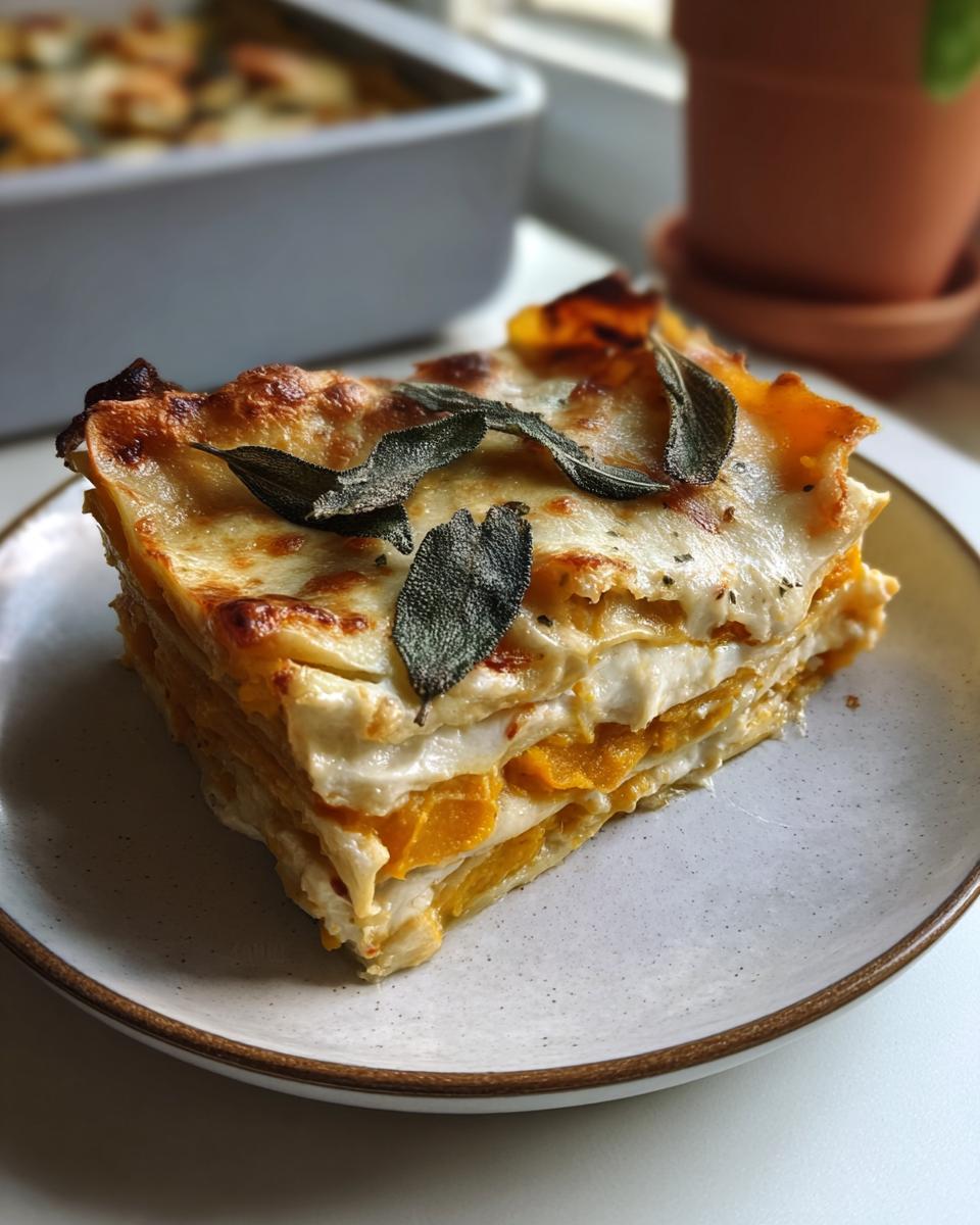 A perfect slice of Butternut Squash and Sage Lasagna topped with browned cheese and crispy sage leaves.