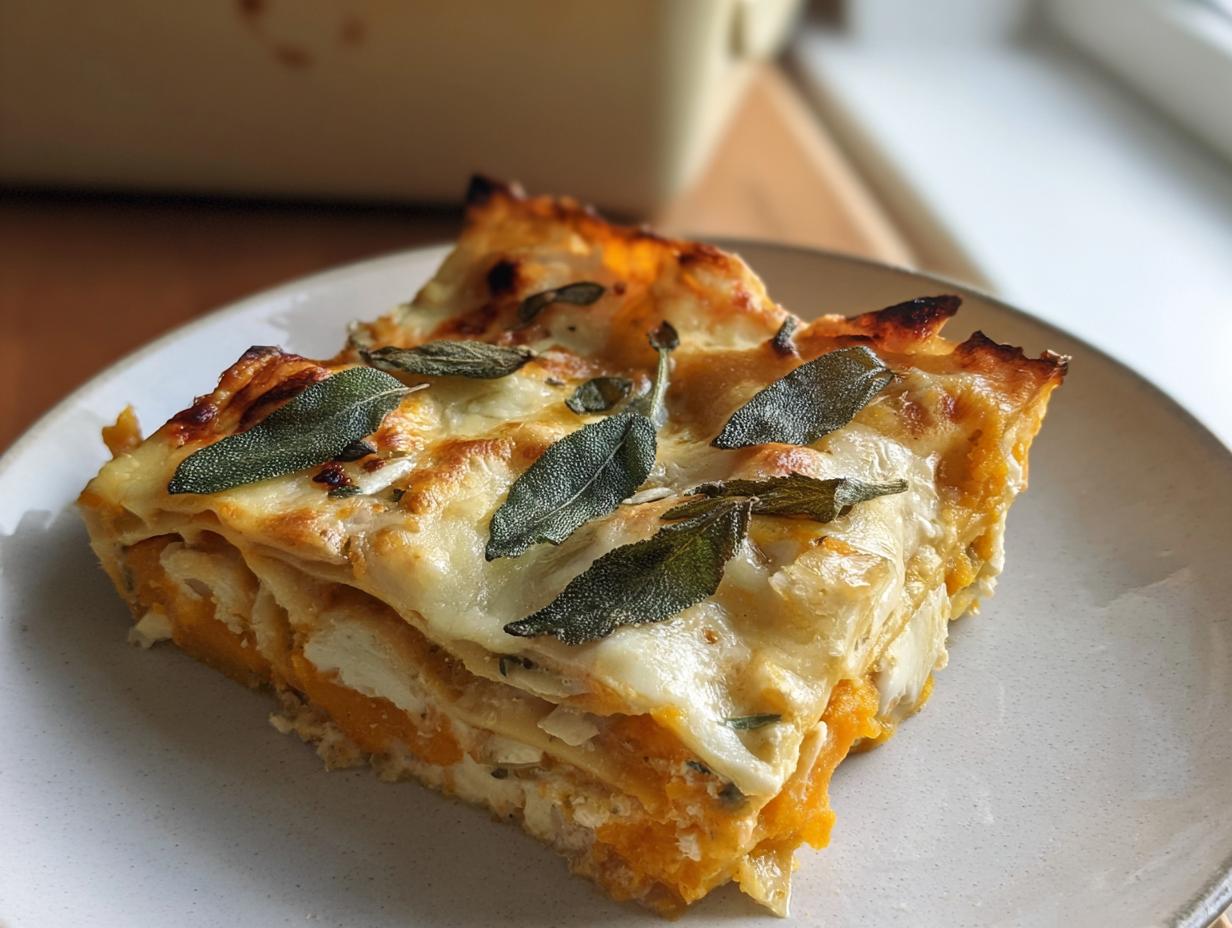 A hearty slice of Butternut Squash and Sage Lasagna topped with melted cheese and fresh sage leaves.