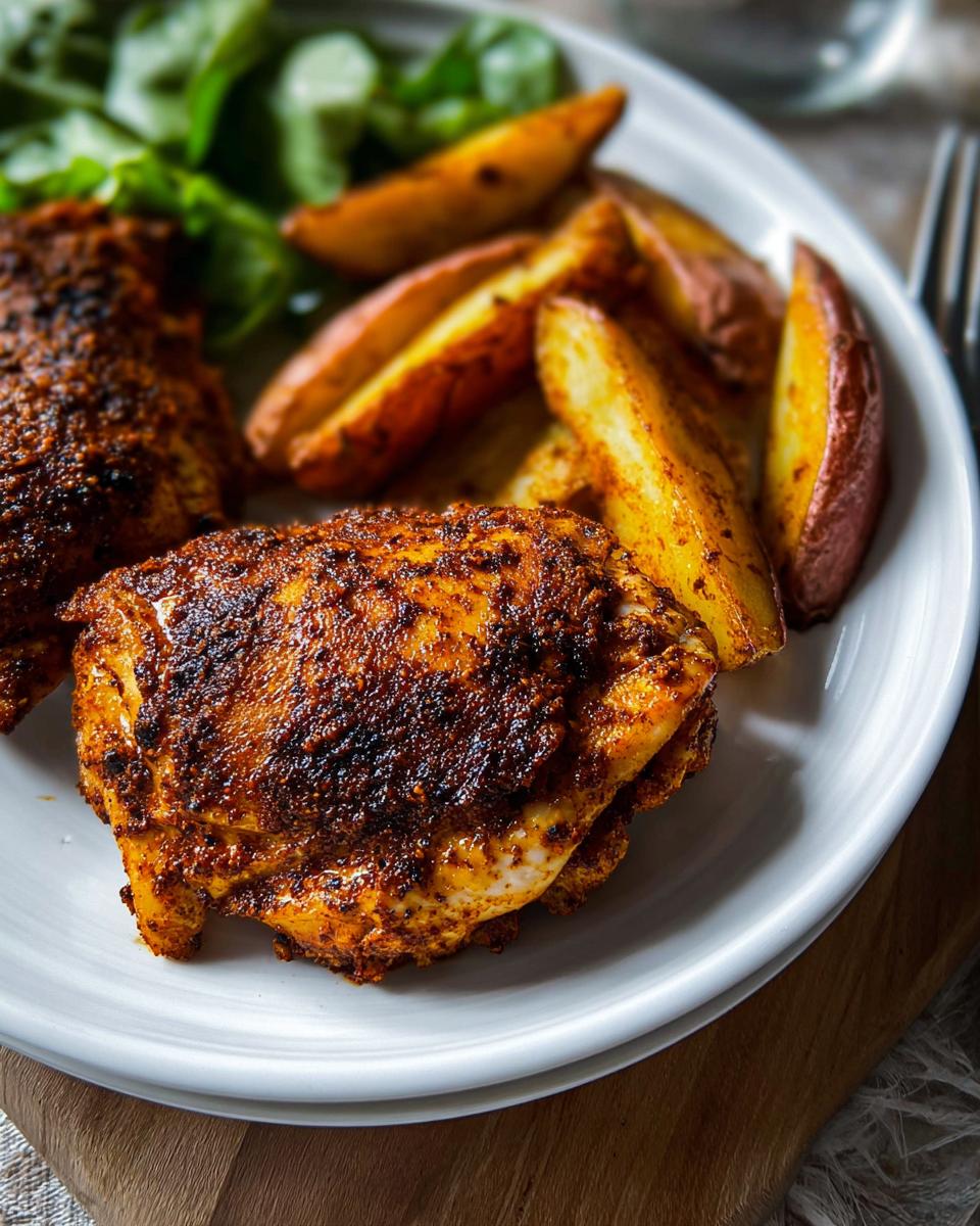 Close-up of perfectly cooked Cajun Butter Chicken Thighs served with roasted potato wedges and greens.