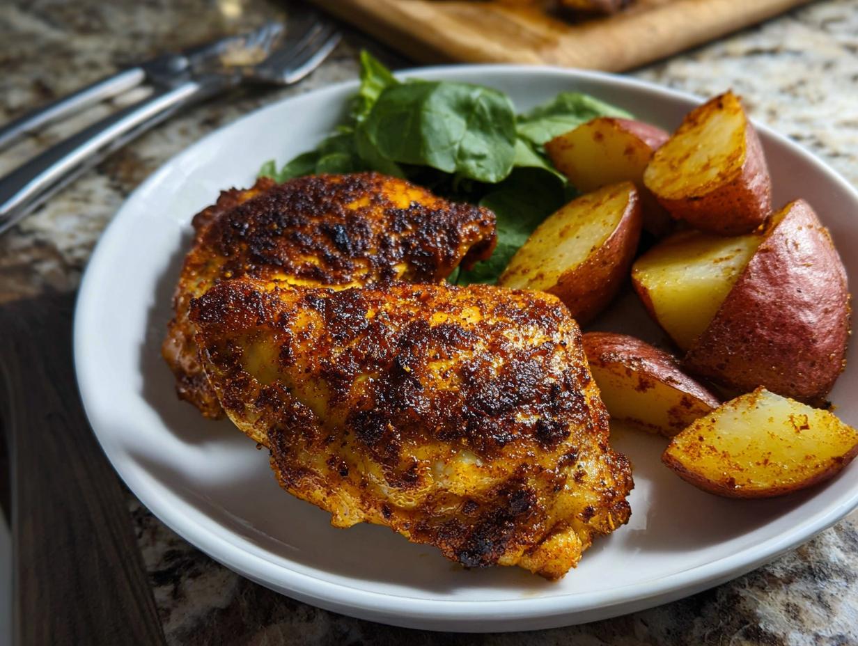 Two seasoned Cajun Butter Chicken Thighs served with roasted red potatoes and fresh spinach.