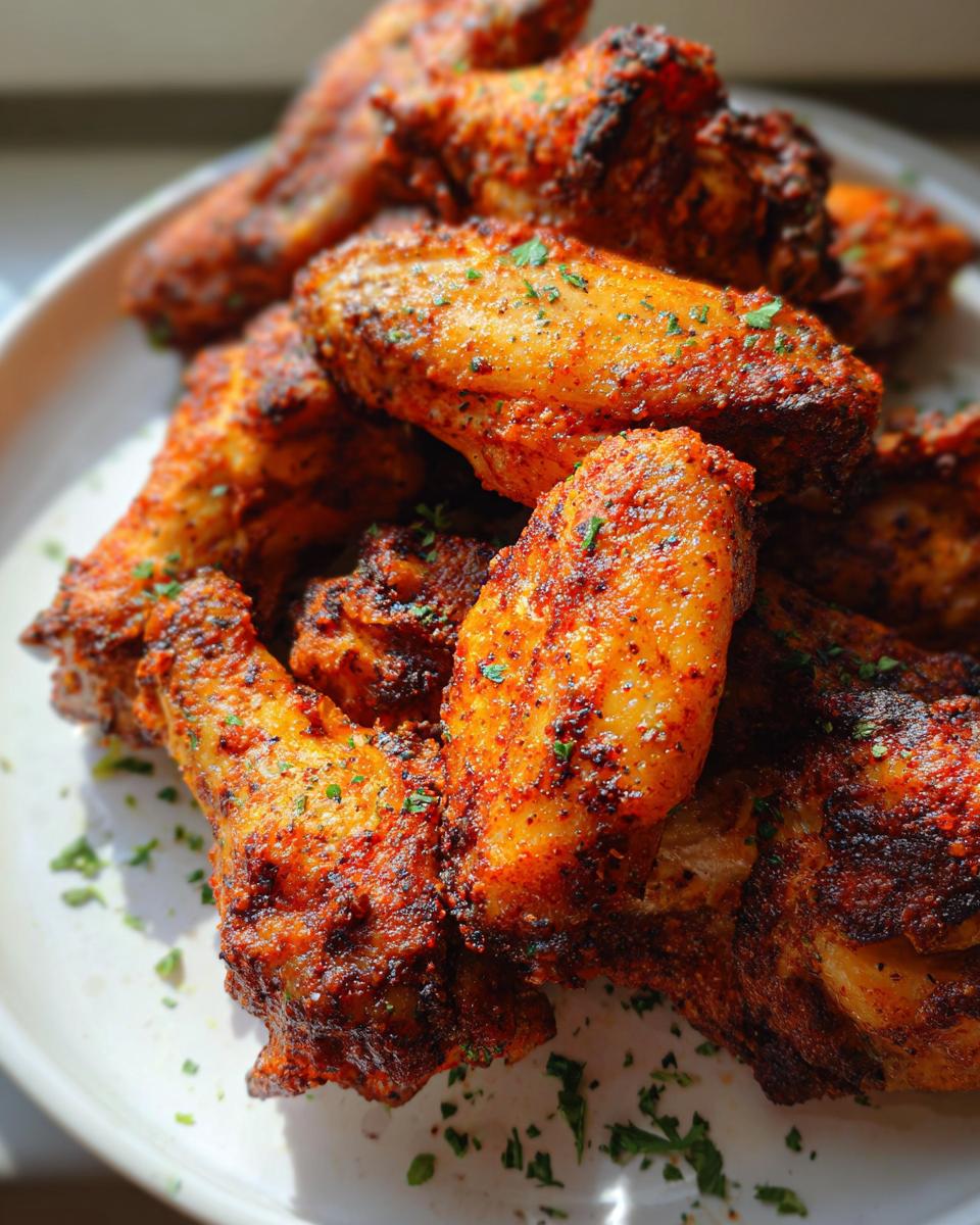 A close-up of a pile of perfectly cooked Cajun Dry Rub Chicken Wings, seasoned with spices and garnished with parsley.
