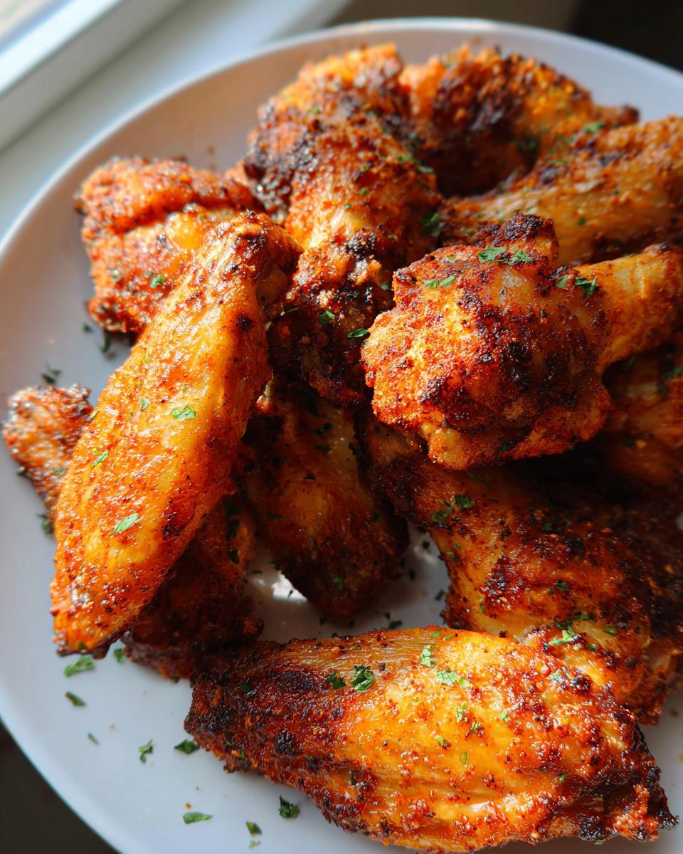 A close-up of crispy, golden-brown Cajun Dry Rub Chicken Wings piled high on a white plate, garnished with parsley.