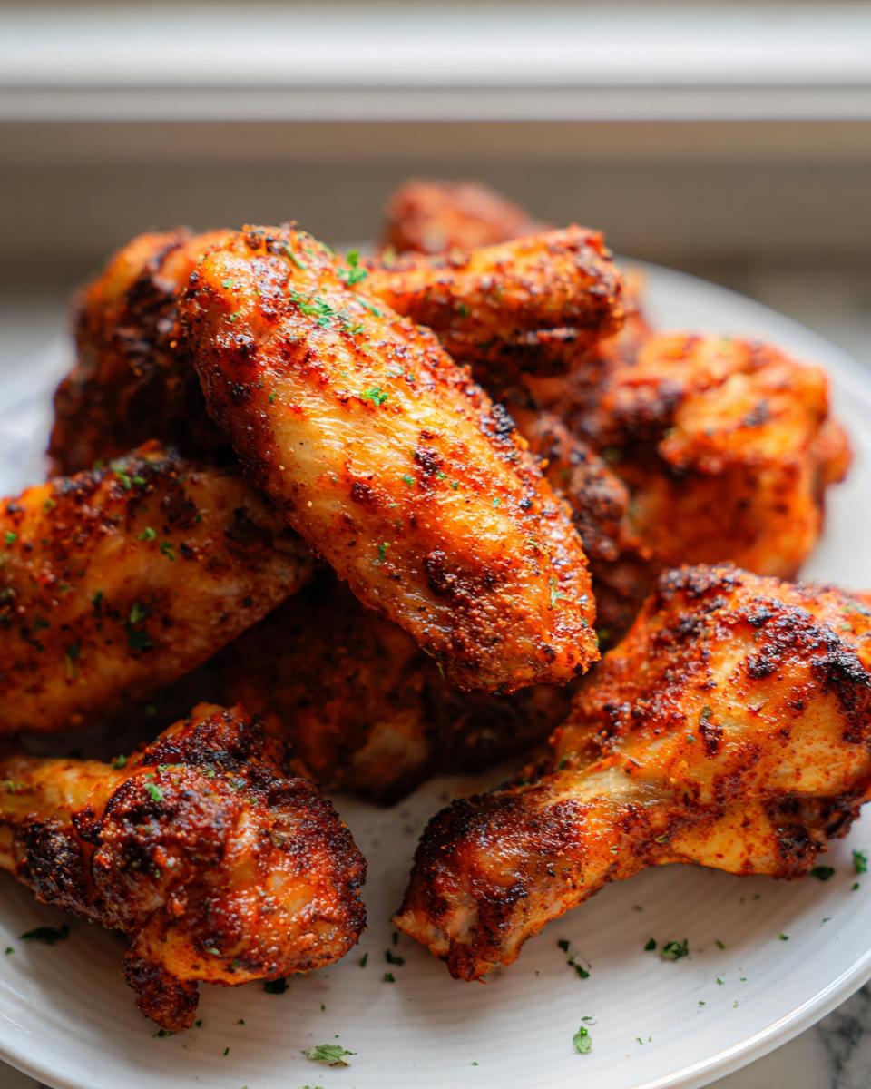 A close-up of a pile of perfectly cooked Cajun Dry Rub Chicken Wings, seasoned and garnished with parsley.