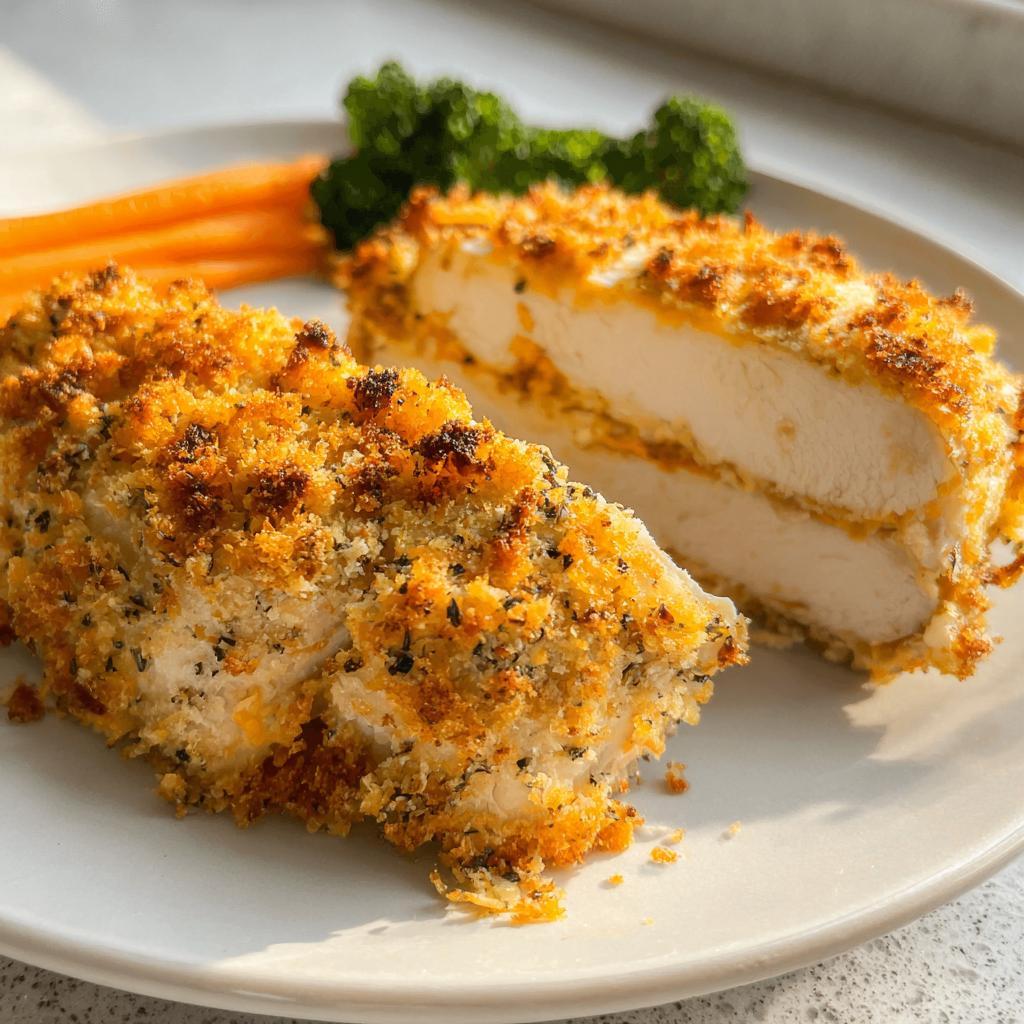 Cross-section of Cheddar Ranch Baked Chicken showing juicy white meat and crispy, golden-brown crust.