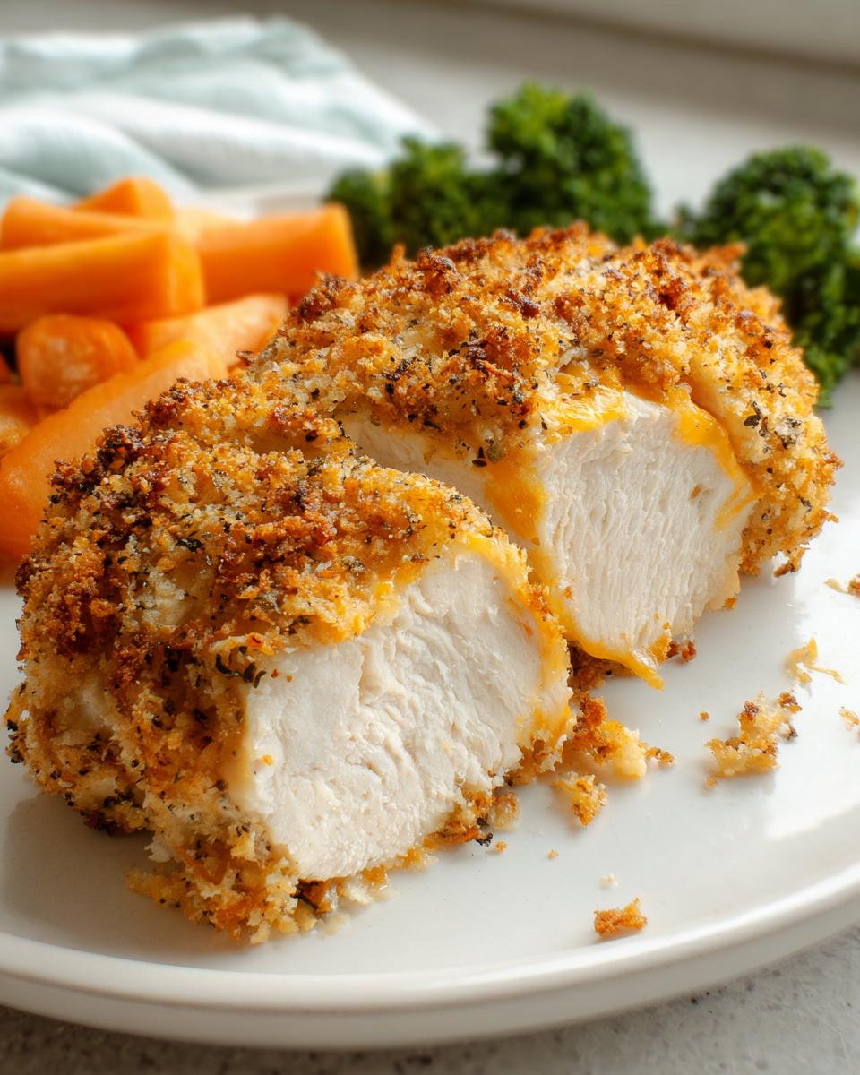 A close-up of Cheddar Ranch Baked Chicken, sliced to show juicy white meat and melted cheese inside a crispy coating.