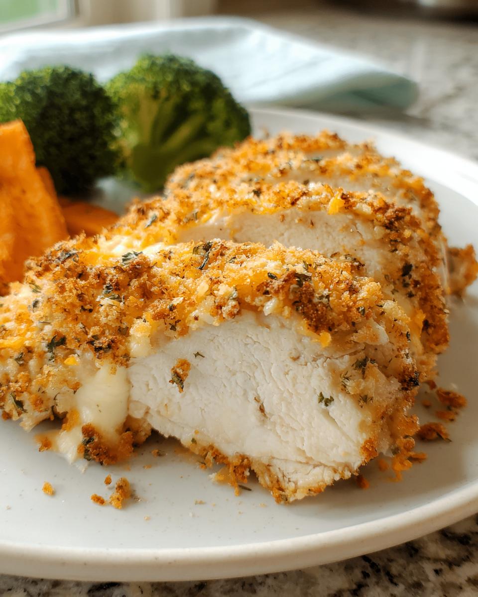 Close-up of sliced Cheddar Ranch Baked Chicken showing juicy interior and golden, herbed crust.