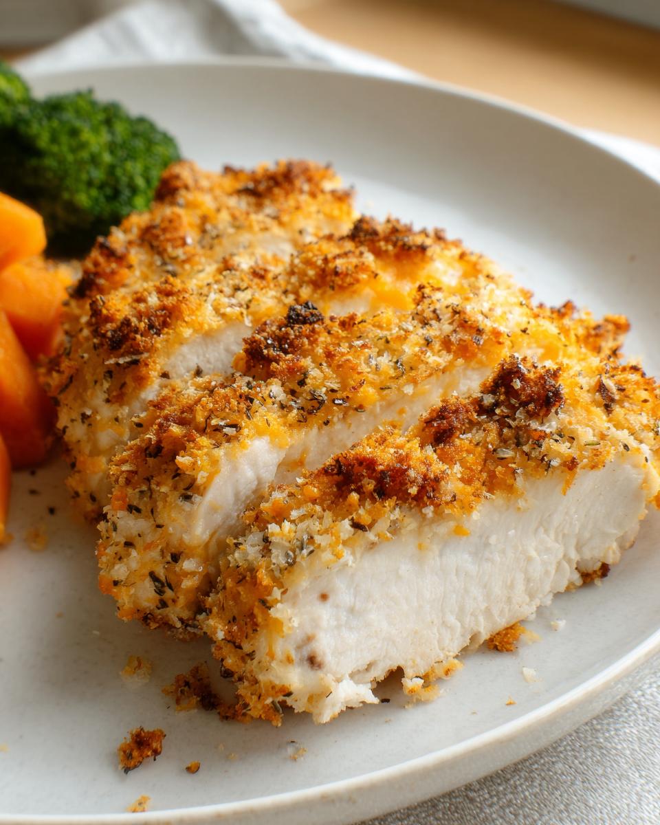 Close-up of sliced Cheddar Ranch Baked Chicken showing juicy white meat and a golden, crispy herb crust.