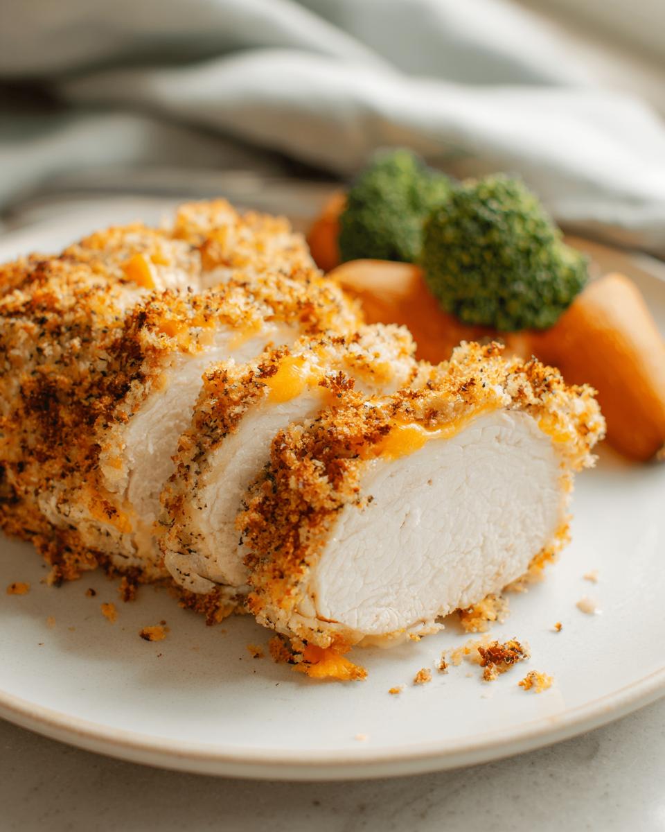 Close-up of sliced Cheddar Ranch Baked Chicken showing juicy white meat and melted cheese filling, served with carrots and broccoli.