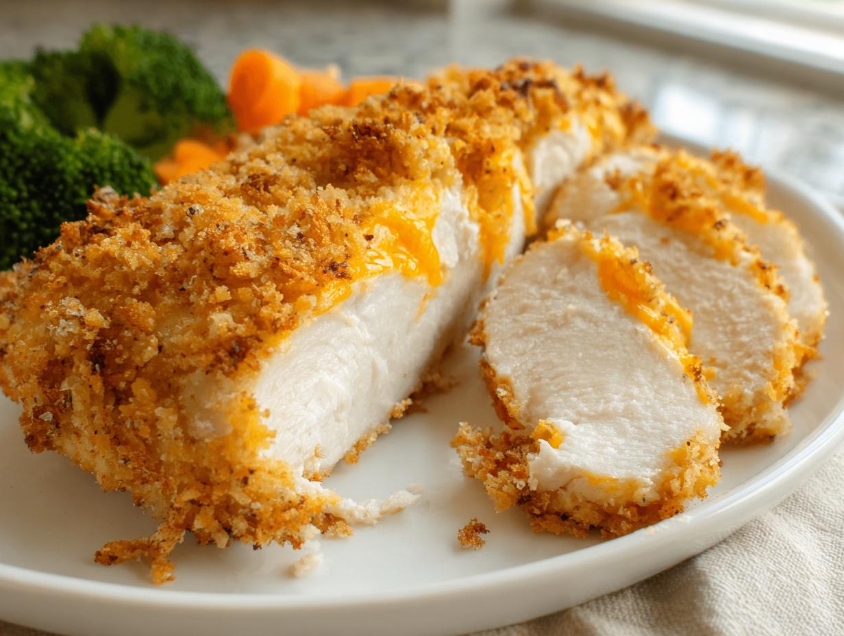 Close-up of sliced Cheddar Ranch Baked Chicken showing moist white meat and a golden, crispy, cheesy crust.