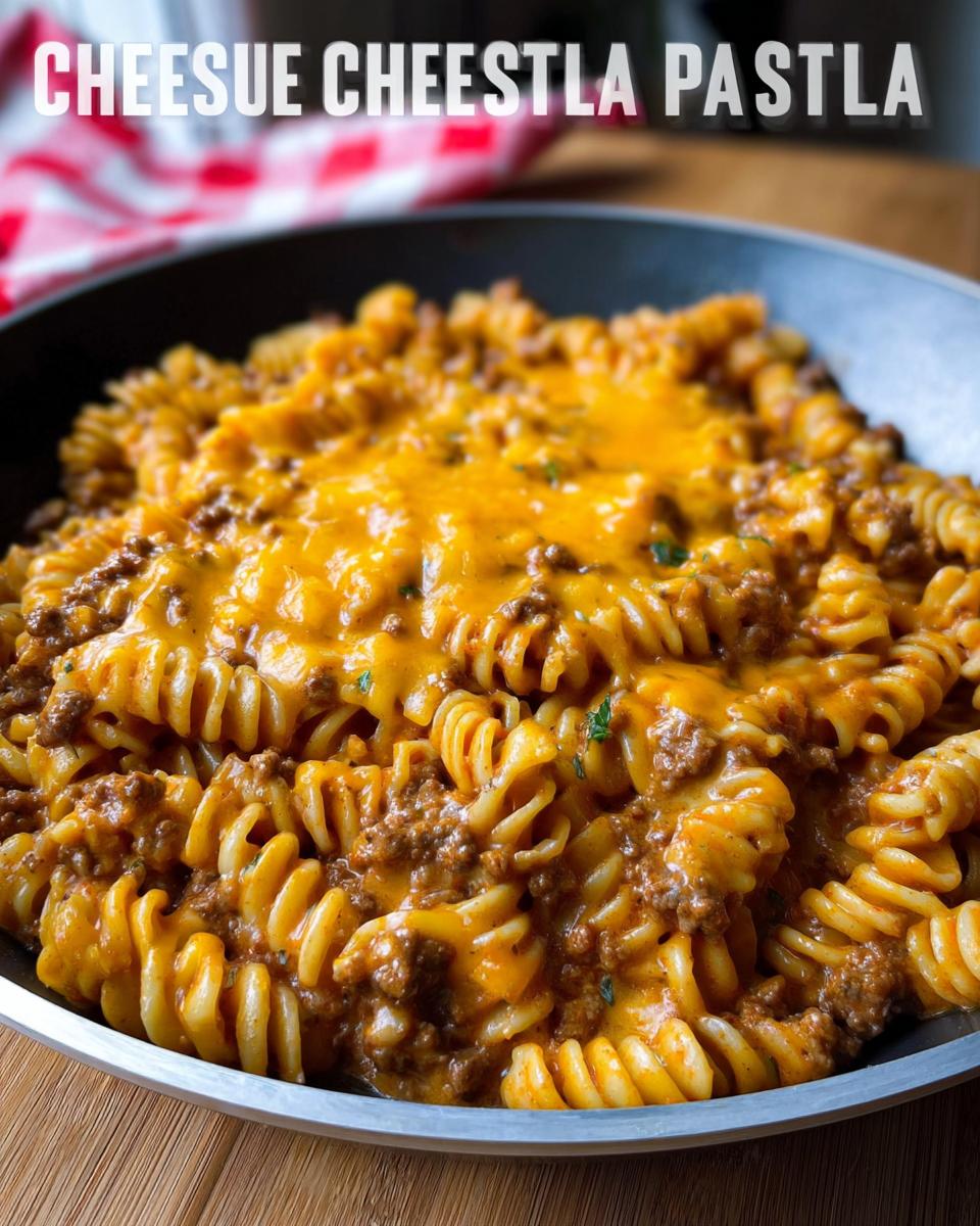 Close-up of cheesy, meaty Cheeseburger Skillet Pasta made with rotini pasta in a dark skillet.