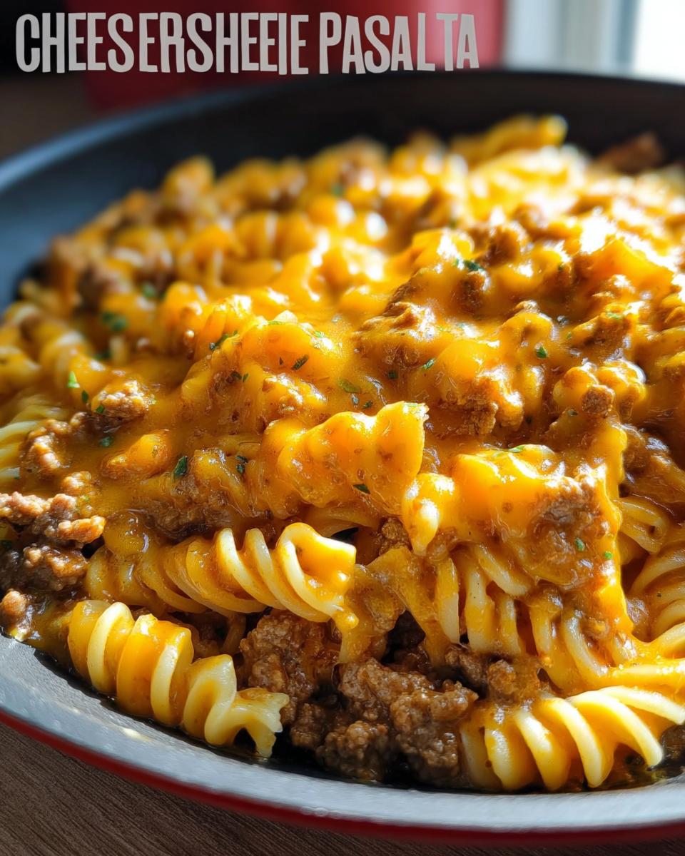 Close-up of creamy Cheeseburger Skillet Pasta featuring rotini noodles, ground beef, and melted cheddar cheese.