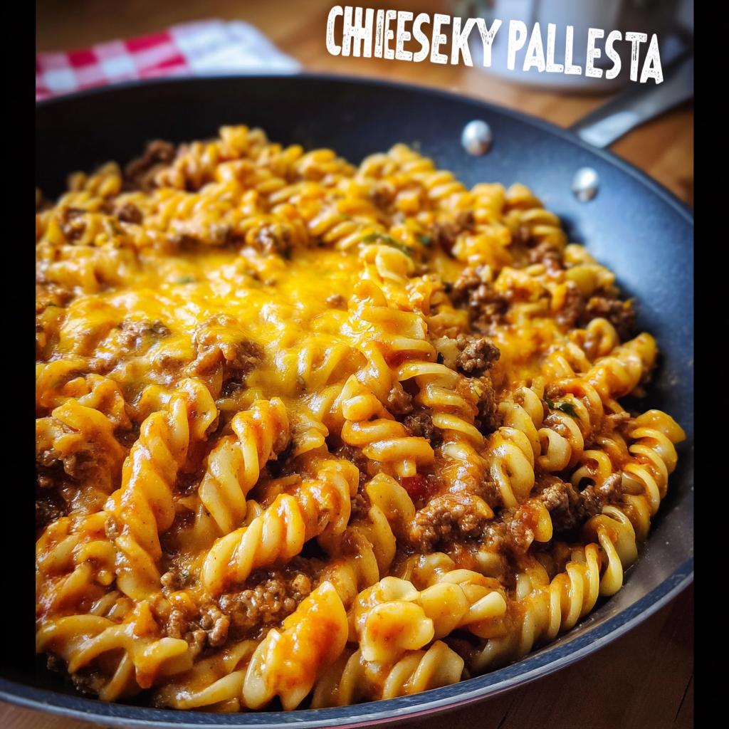 Close-up of Cheeseburger Skillet Pasta featuring rotini pasta, ground beef, and melted cheddar cheese in a black skillet.