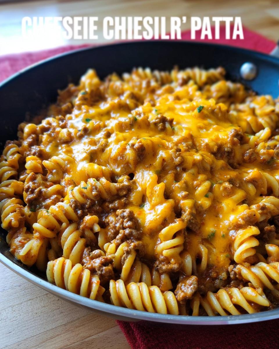 Close-up of cheesy Cheeseburger Skillet Pasta made with rotini pasta and ground beef, topped with melted cheddar cheese.