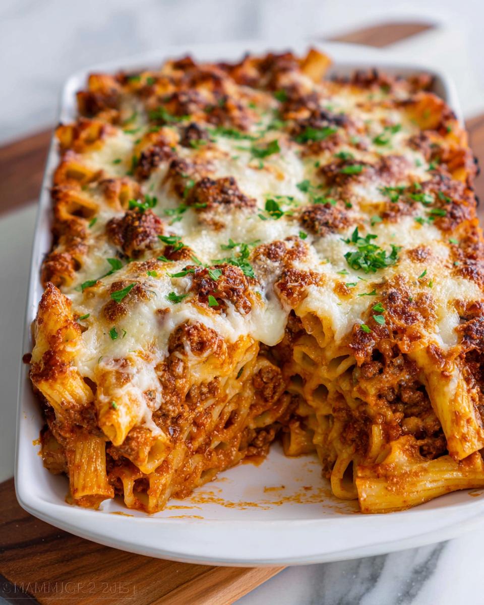 A close-up of a freshly baked Cheesy Baked Ziti Casserole with a bubbly, browned cheese topping and visible meat sauce.