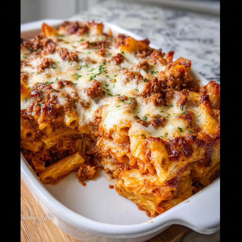 A close-up of a portion removed from a Cheesy Baked Ziti Casserole, showing layers of ziti pasta, rich meat sauce, and melted mozzarella cheese.