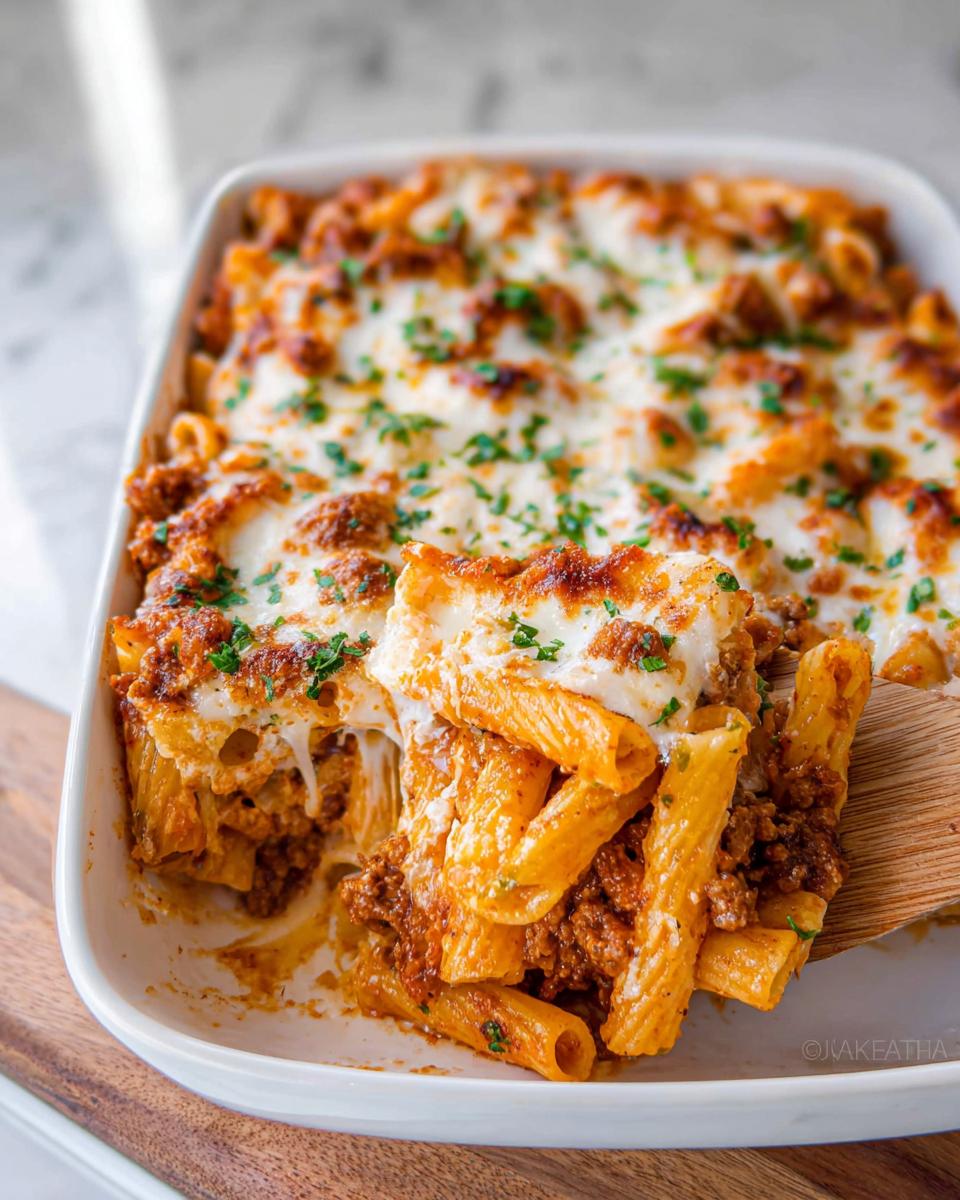 A wooden spoon lifts a serving of Cheesy Baked Ziti Casserole, showing melted cheese pull and rich meat sauce.