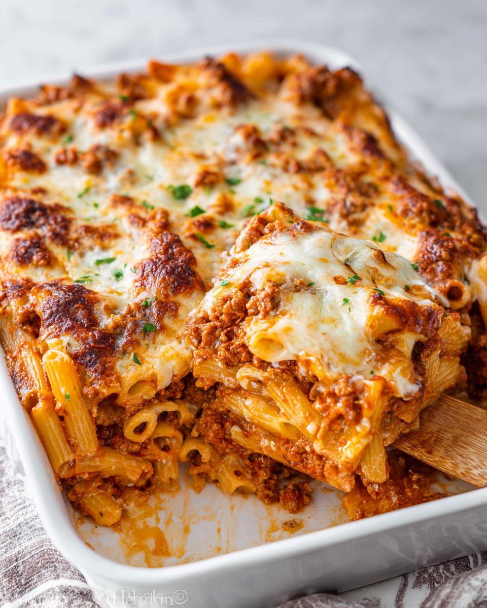 A wooden spatula lifts a serving of Cheesy Baked Ziti Casserole, showing layers of pasta, meat sauce, and melted, browned cheese.