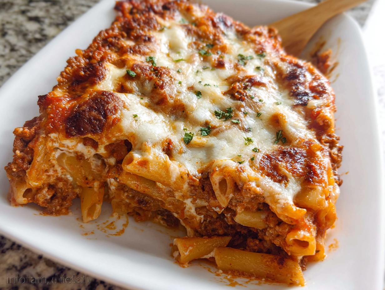 A close-up serving of Cheesy Baked Ziti Casserole topped with bubbly, melted mozzarella and fresh parsley.
