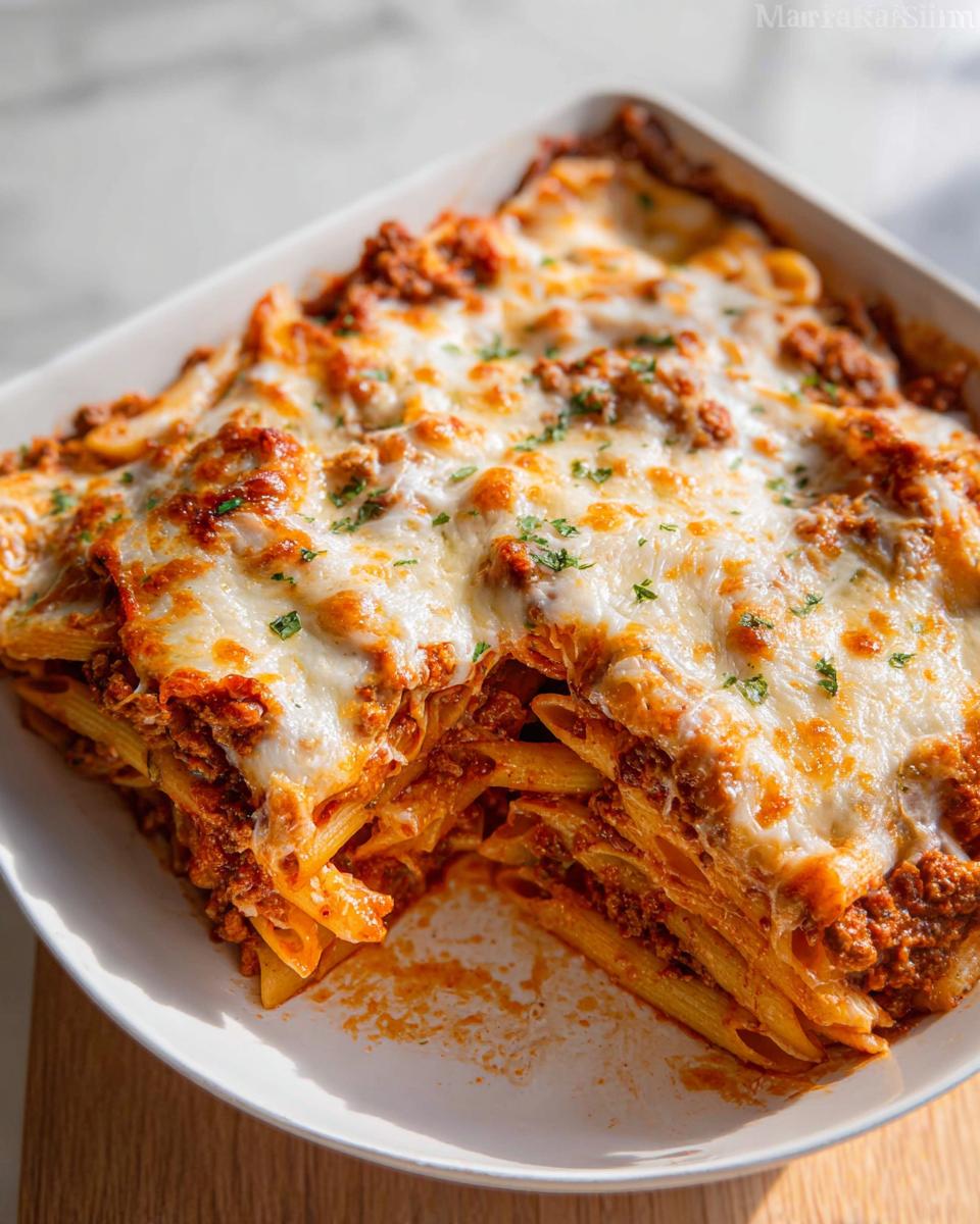 A close-up of a portion removed from a Cheesy Baked Ziti Casserole, showing layers of pasta, rich meat sauce, and melted mozzarella.