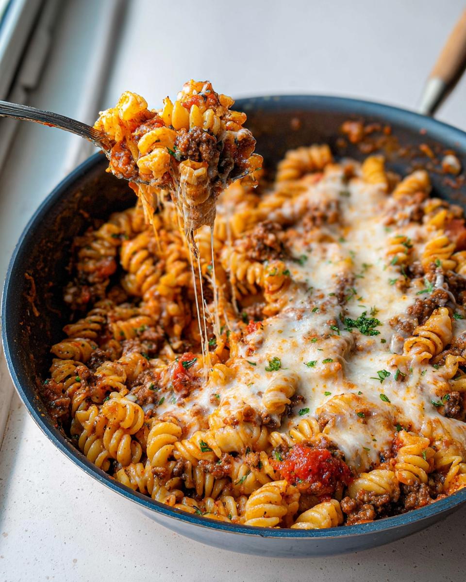 A spoonful of Cheesy Ground Beef Pasta Skillet showing a dramatic cheese pull over the skillet full of pasta and meat sauce.