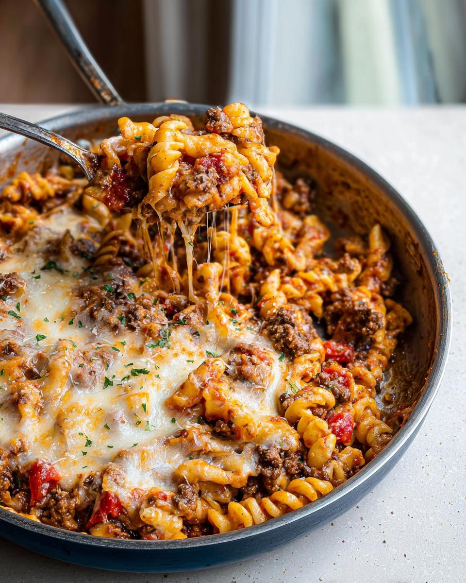 A spoonful of Cheesy Ground Beef Pasta Skillet showing melted cheese stretching between the spoon and the pan.