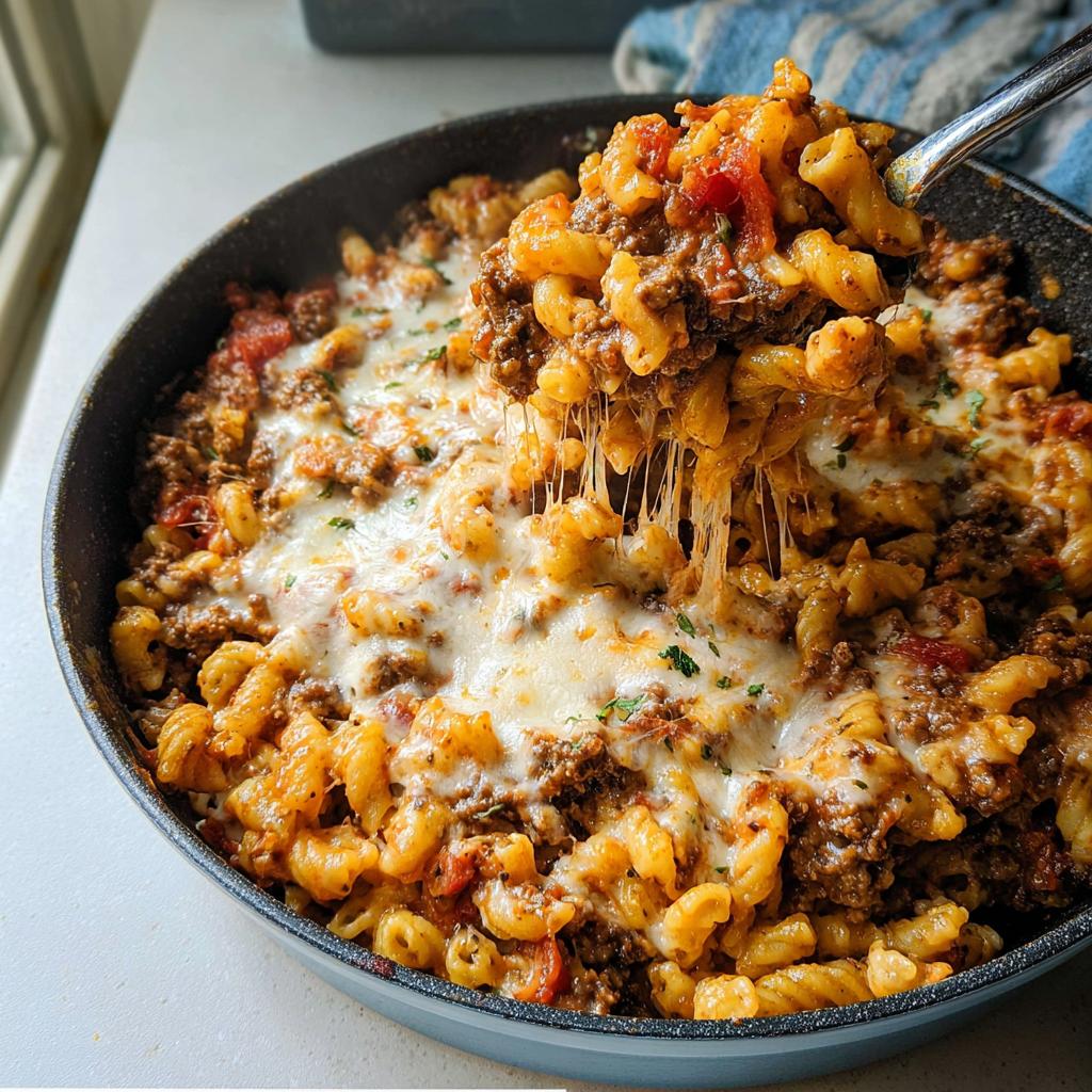 A spoonful of Cheesy Ground Beef Pasta Skillet showing a dramatic cheese pull over the skillet.