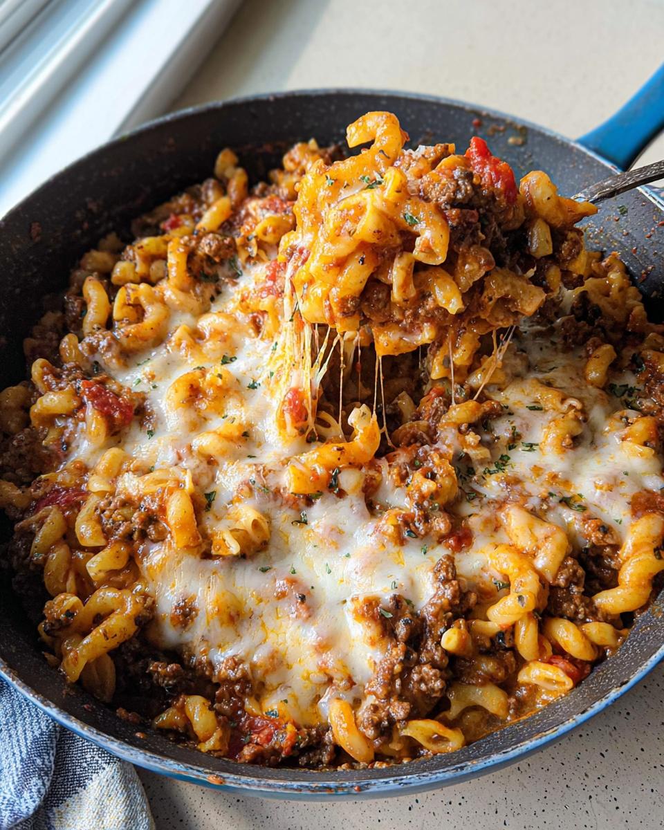 A spoonful of Cheesy Ground Beef Pasta Skillet lifted from the pan, showing melted, stretchy cheese.