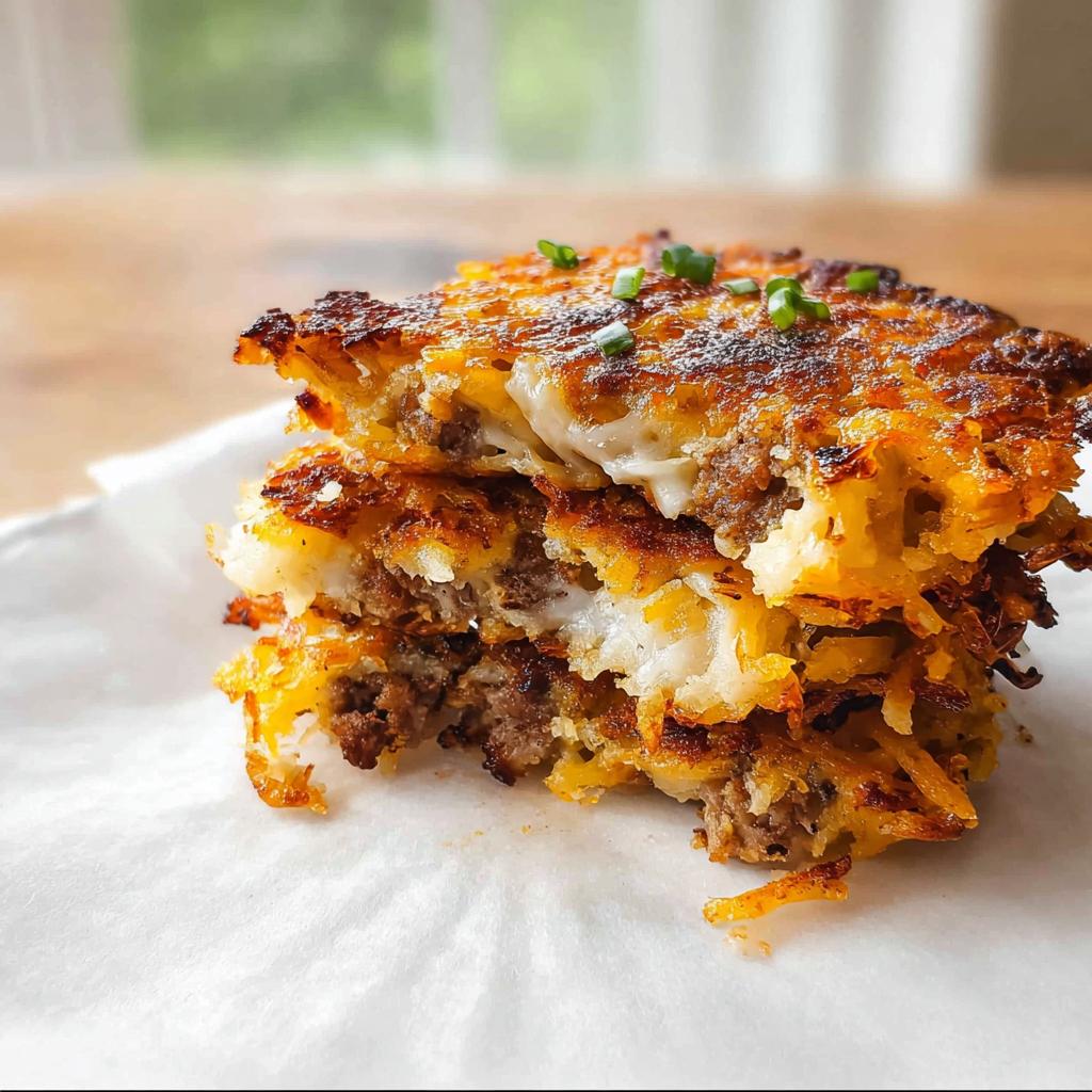 A stack of three crispy, golden-brown Cheesy Potato Hash with Sausage Skillet layers, showing melted cheese and ground sausage filling.