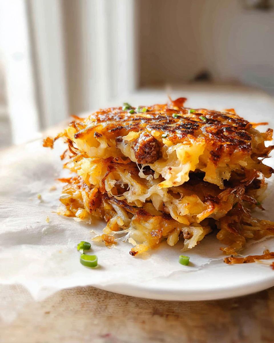Stack of crispy, golden brown Cheesy Potato Hash with Sausage Skillet patties, showing melted cheese.