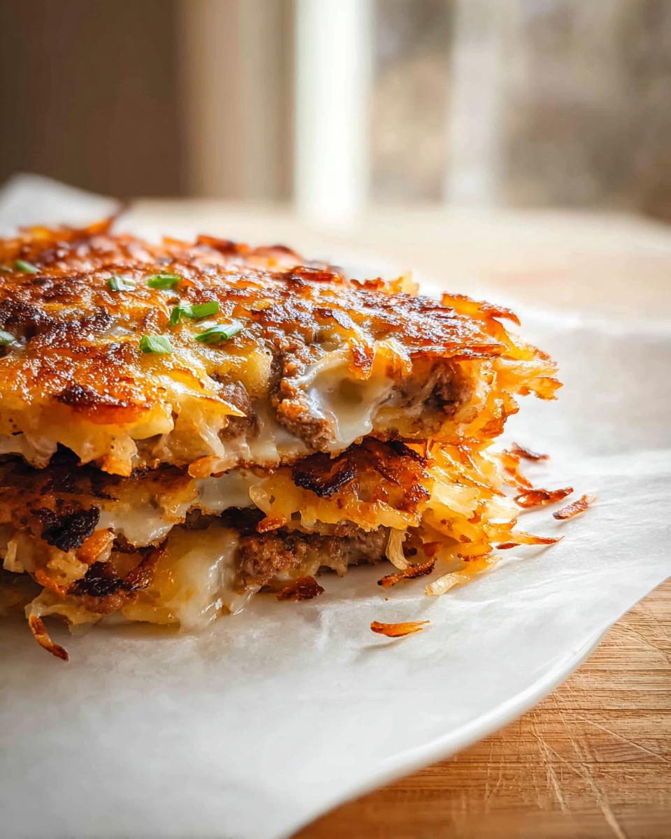 Close-up of stacked, crispy potato hash patties filled with sausage and melted cheese from the Cheesy Potato Hash with Sausage Skillet.