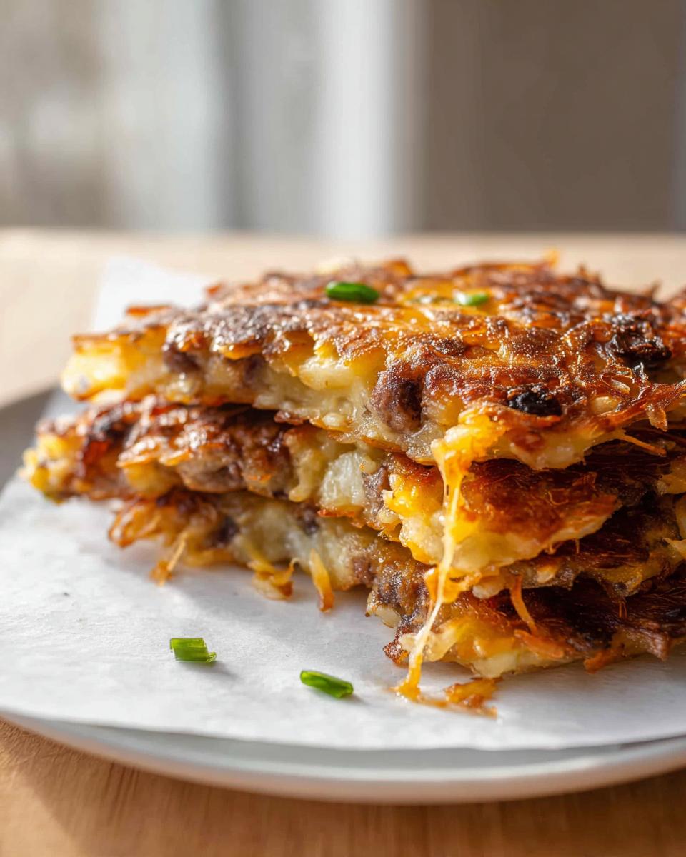 Close-up of stacked, crispy Cheesy Potato Hash with Sausage Skillet patties, showing melted cheese pull.