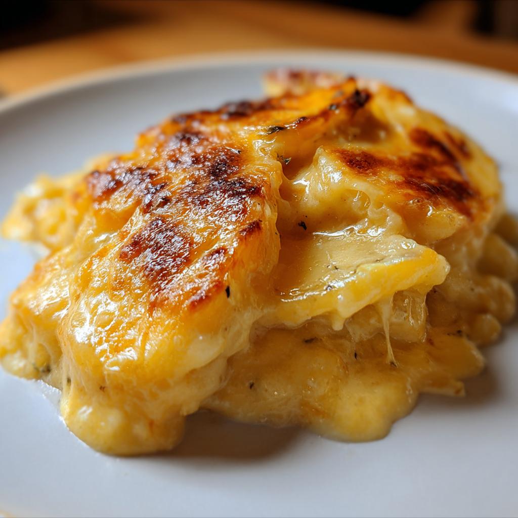 A close-up of a serving of Cheesy Scalloped Potatoes with Cream, showing melted, browned cheese and creamy layers.